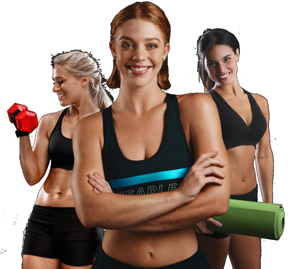 Drei Frauen mit Fitnessgeräten